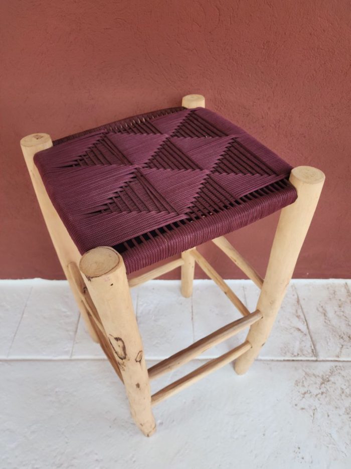 Burgundy Cord Stool handcrafted from solid wood with a handwoven burgundy cord seat