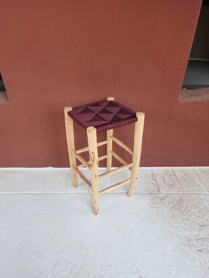 Burgundy Cord Stool handcrafted from solid wood with a handwoven burgundy cord seat