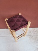Burgundy Cord Stool handcrafted from solid wood with a handwoven burgundy cord seat