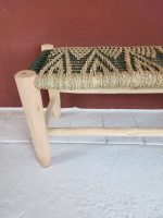 Green Cord & Palm Leaf Bench handcrafted from solid eucalyptus wood with handwoven green cord and natural palm leaf weaving