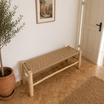 Beige Cord Bench handcrafted from solid eucalyptus wood with a handwoven beige cord seat