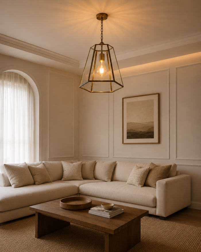 Handmade trapezoid glass pendant light with clear panels and geometric metal frame hanging from ceiling.