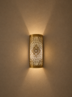 Handmade diamond medallion brass wall sconce with intricate perforated pattern and warm decorative up-and-down lighting.