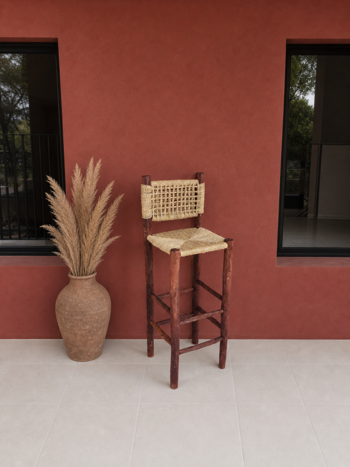 Palm Leaf Counter Stool handcrafted from solid wood with a natural handwoven palm leaf seat