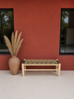 Green Cord & Palm Leaf Bench handcrafted from solid eucalyptus wood with handwoven green cord and natural palm leaf weaving