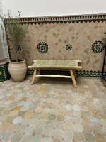 Handwoven Palm Leaf Bench handcrafted from solid eucalyptus wood with a natural woven palm leaf seat
