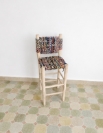 Boucherouite Bar Stool handcrafted from solid wood with a colorful handwoven Boucherouite seat