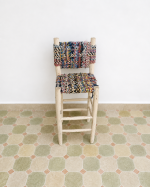 Boucherouite Bar Stool handcrafted from solid wood with a colorful handwoven Boucherouite seat