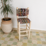Boucherouite Bar Stool handcrafted from solid wood with a colorful handwoven Boucherouite seat