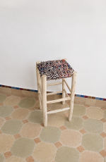 Handwoven Boucherouite Counter Stool handcrafted from solid wood with a colorful handwoven Boucherouite seat