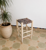 Handwoven Boucherouite Counter Stool handcrafted from solid wood with a colorful handwoven Boucherouite seat
