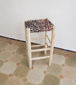 Handwoven Boucherouite Counter Stool handcrafted from solid wood with a colorful handwoven Boucherouite seat