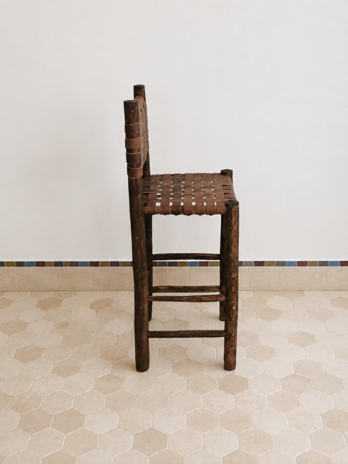 Rustic Leather Bar Stool handcrafted from solid wood with a genuine leather seat