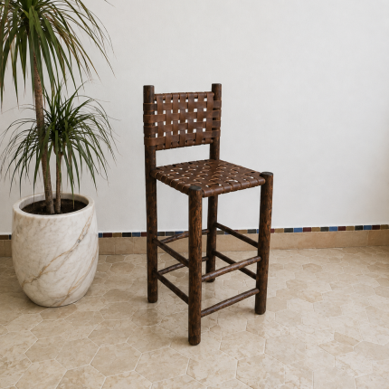 Rustic Leather Bar Stool handcrafted from solid wood with a genuine leather seat