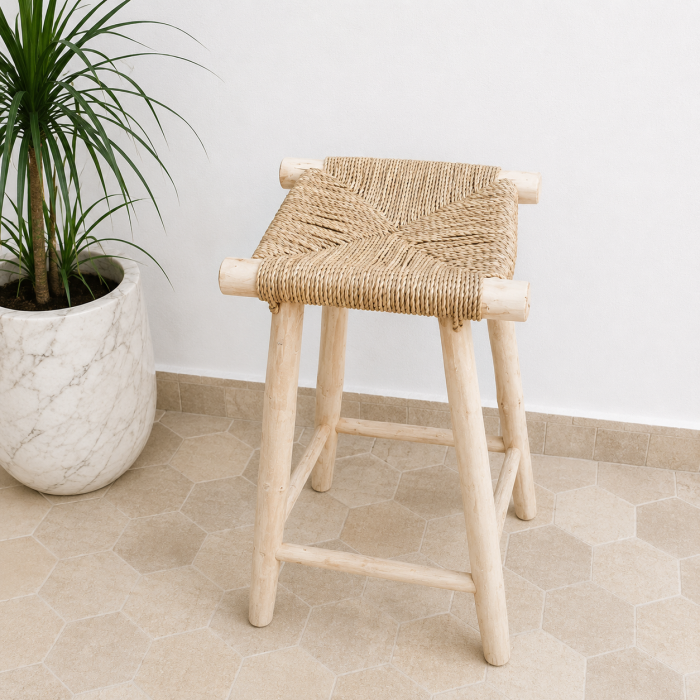 Natural Palm Leaf Counter Stool handcrafted from solid wood with a handwoven natural palm leaf seat