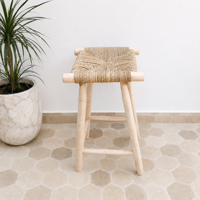 Natural Palm Leaf Counter Stool handcrafted from solid wood with a handwoven natural palm leaf seat