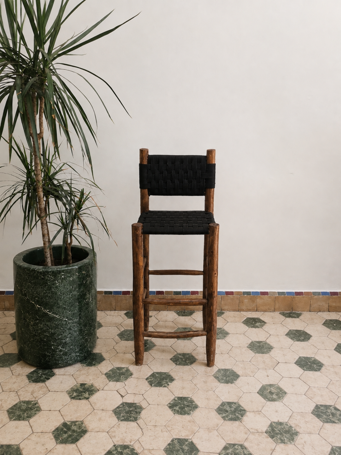 Black Cord Counter Stool handcrafted from solid wood with a durable handwoven black cord seat