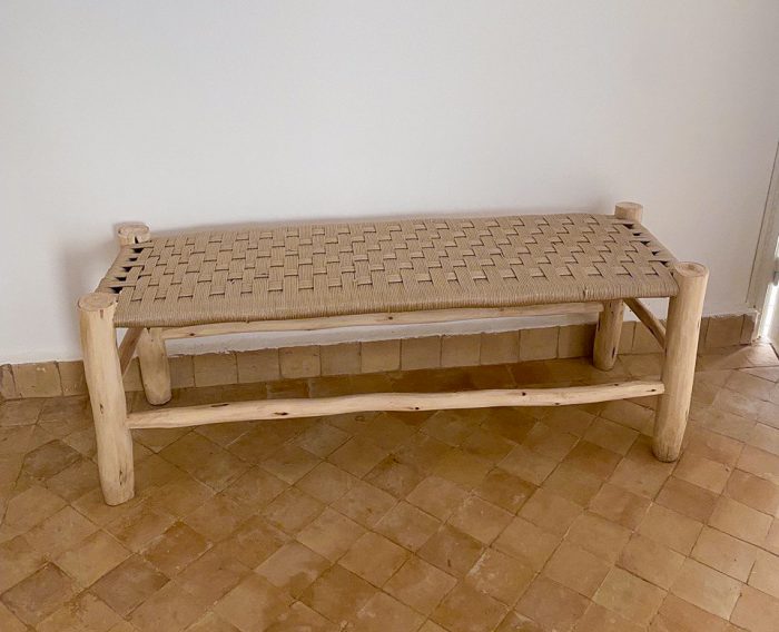 Beige Cord Bench handcrafted from solid eucalyptus wood with a handwoven beige cord seat