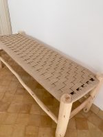 Beige Cord Bench handcrafted from solid eucalyptus wood with a handwoven beige cord seat