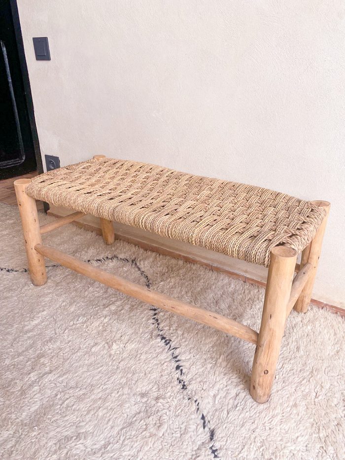 Moroccan Palm Leaf Bench handcrafted from solid eucalyptus wood with a handwoven palm leaf seat