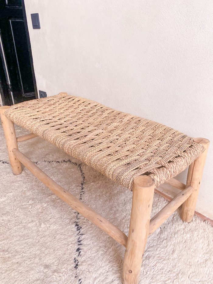 Moroccan Palm Leaf Bench handcrafted from solid eucalyptus wood with a handwoven palm leaf seat