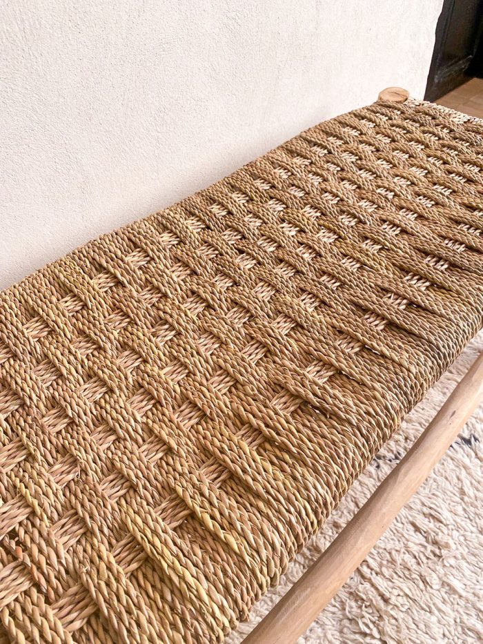 Moroccan Palm Leaf Bench handcrafted from solid eucalyptus wood with a handwoven palm leaf seat