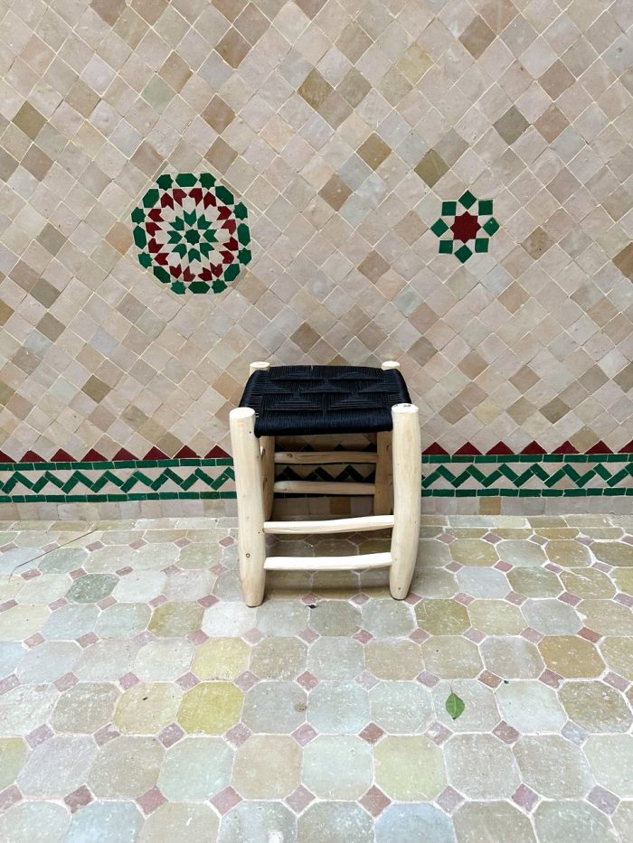 Small Black Rope Stool handcrafted from solid wood with a handwoven black rope seat