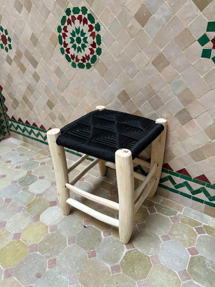 Small Black Rope Stool handcrafted from solid wood with a handwoven black rope seat