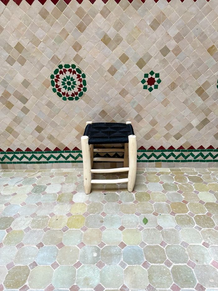 Small Black Rope Stool handcrafted from solid wood with a handwoven black rope seat