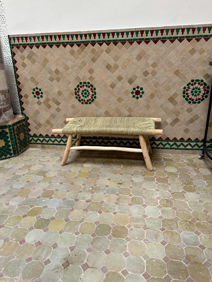 Handwoven Palm Leaf Bench handcrafted from solid eucalyptus wood with a natural woven palm leaf seat