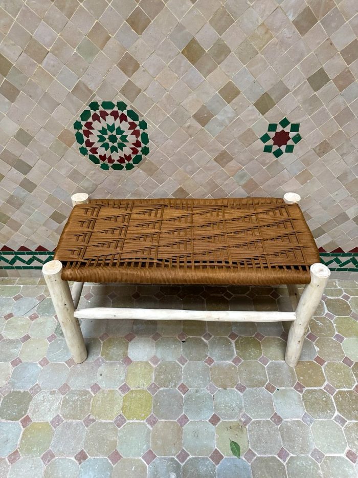Caramel Brown Cord Bench handcrafted from solid eucalyptus wood with a handwoven caramel brown cord seat