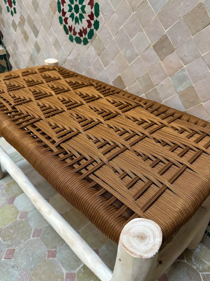 Caramel Brown Cord Bench handcrafted from solid eucalyptus wood with a handwoven caramel brown cord seat