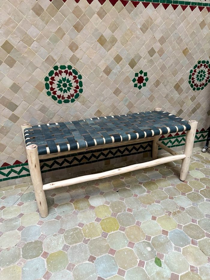 Moroccan Black Leather Bench handcrafted from solid wood with a genuine black leather seat