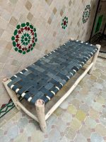 Moroccan Black Leather Bench handcrafted from solid wood with a genuine black leather seat