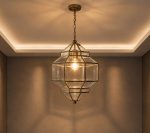 Moroccan Glass Lantern Pendant Light with clear glass panels and handmade geometric metal frame