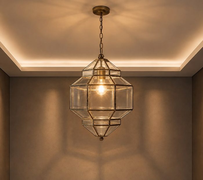 Moroccan Glass Lantern Pendant Light with clear glass panels and handmade geometric metal frame