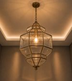 Moroccan Glass Lantern Pendant Light with clear glass panels and handmade geometric metal frame