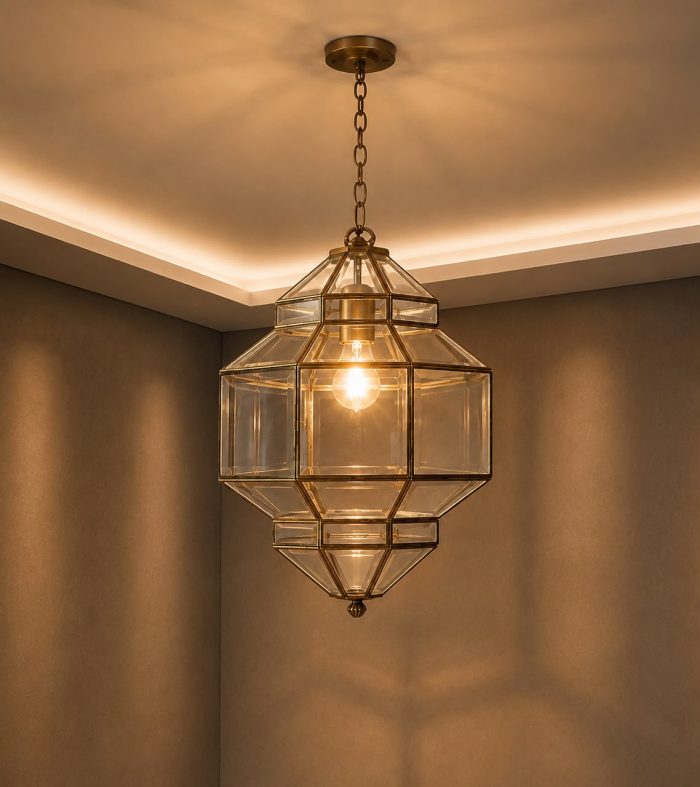 Moroccan Glass Lantern Pendant Light with clear glass panels and handmade geometric metal frame