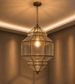 Moroccan Glass Lantern Pendant Light with clear glass panels and handmade geometric metal frame