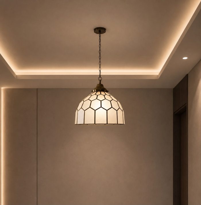 Stained glass pendant light with geometric dome shade
