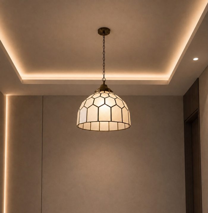 Stained glass pendant light with geometric dome shade