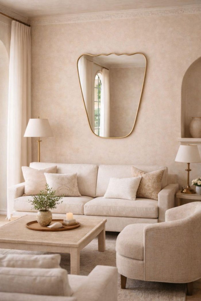 Handmade wavy top brass wall mirror with tapered sides and solid brass frame displayed above bedroom console.