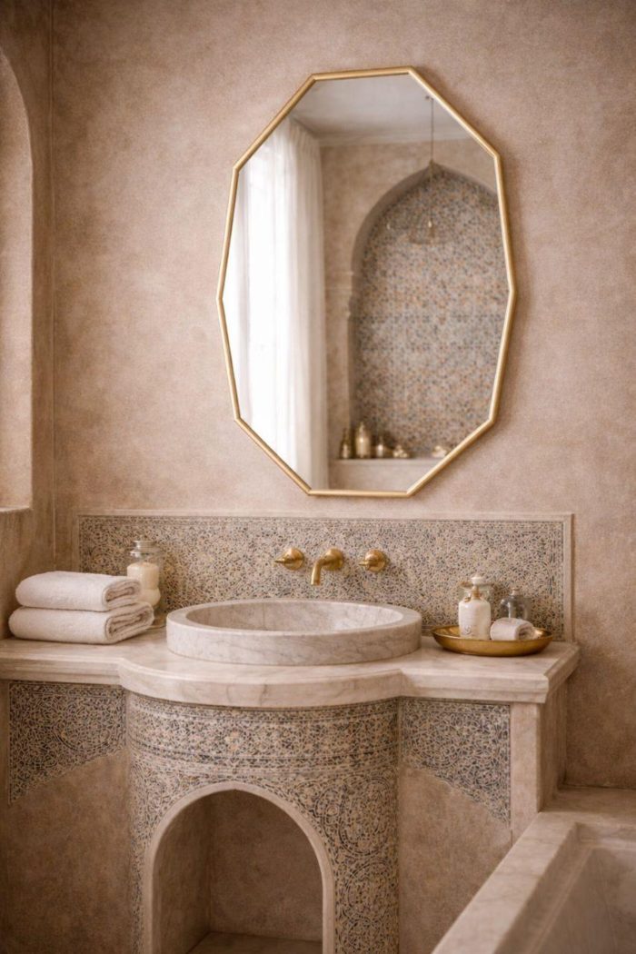 Handmade octagonal brass wall mirror with elongated geometric shape and solid brass frame above bathroom vanity.