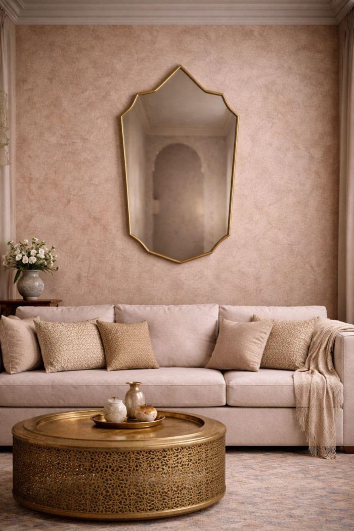 Handmade Moroccan pointed arch brass mirror with slim gold frame above a bathroom vanity.