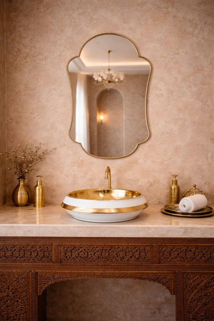 Handmade scalloped arch brass wall mirror with decorative gold frame above a bathroom vanity.