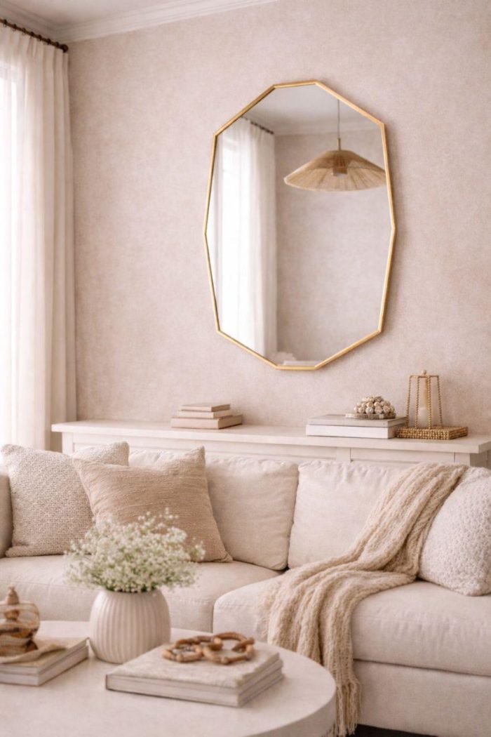Handmade octagonal brass wall mirror with elongated geometric shape and solid brass frame above bathroom vanity.