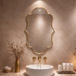 Handmade scalloped brass bathroom mirror with decorative curved frame