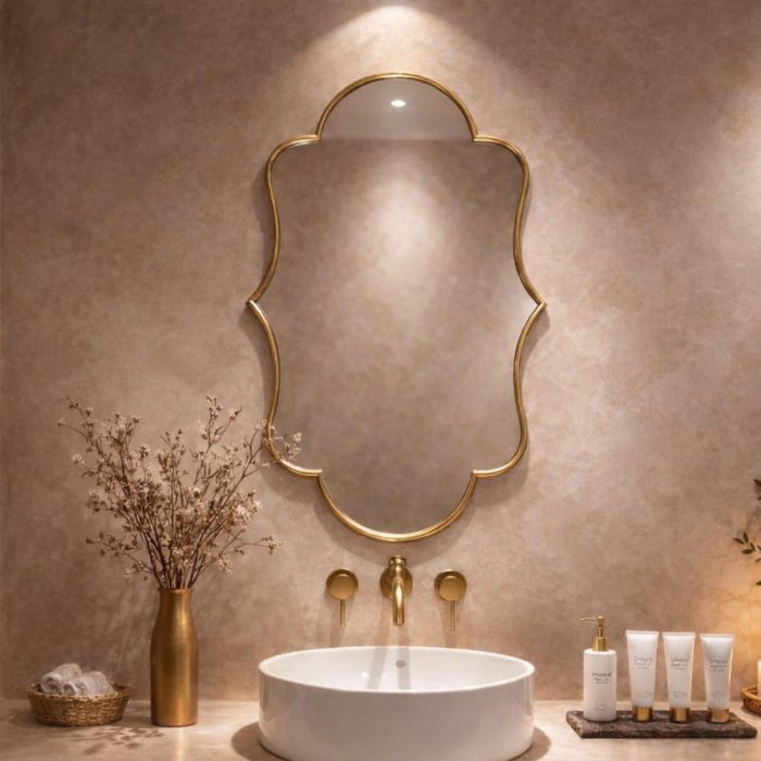 Handmade scalloped brass bathroom mirror with decorative curved frame