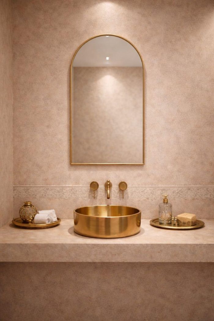 Handmade arched brass wall mirror with slim gold brass frame displayed above a bathroom vanity.