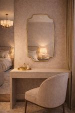 Handmade Crowned Brass Wall Mirror with slim brass frame above vanity